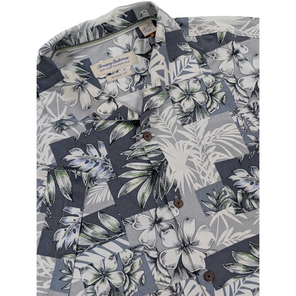 Tommy‎ Bahama Shirt Men's XL Silk White Black Gray Hawaiian Camp Floral Tropical